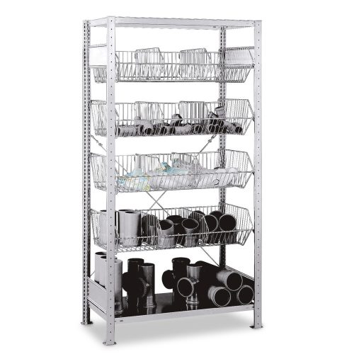 SCHULTE, Drahtgitterkorb-Steckregal, verzinkt, BxT 1000 x 500 mm, mit 4 Körben, Grundregal, Höhe 2000 mm SCHULTE