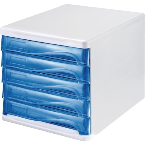 helit Schubladenbox, Kunststoff H245xB265xT340 mm, 5 Schubladen weiss/blautransparent
