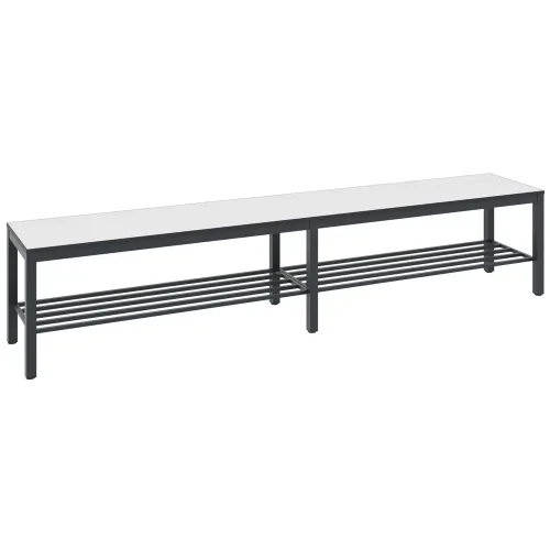 C + P, Umkleidebank Basic Plus, für Feuchträume, ohne Rückenlehne, 6-Fussgestell schwarzgrau RAL 7021, mit Schuhrost, B 1960 mm, Dekor weiss