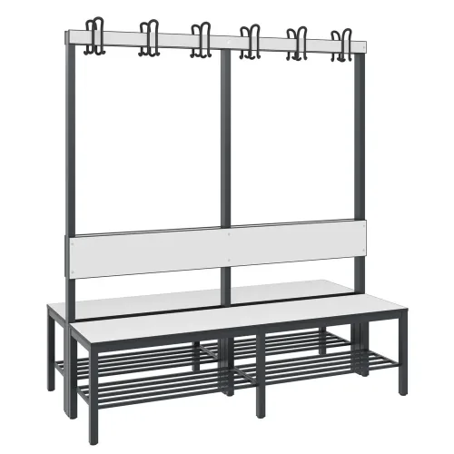 C+P Umkleidesitzbank Basic Plus, Länge 1.500 mm, doppelseitig, mit Rückenlehne, 2x6 Doppelhaken, inkl. Schuhrost, schwarzgrau/weiss
