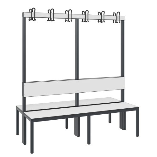 C+P, C+P Umkleidesitzbank Basic Plus, Länge 1.500 mm, doppelseitig, mit Rückenlehne, 2x6 Doppelhaken, schwarzgrau/weiss