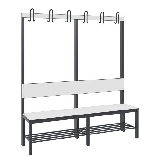 C+P, C+P Umkleidesitzbank Basic Plus, Länge 1.500 mm, einseitig, mit Rückenlehne, 6 Doppelhaken, inkl. Schuhrost, schwarzgrau/weiss