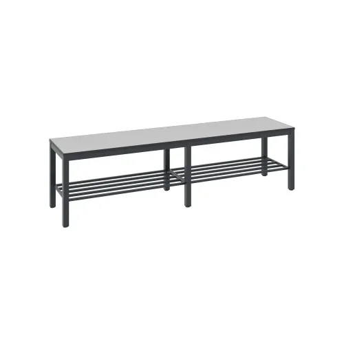C + P, Umkleidebank Basic Plus, für Feuchträume, ohne Rückenlehne, 6-Fussgestell schwarzgrau RAL 7021, mit Schuhrost, B 1500 mm, Dekor silbergrau