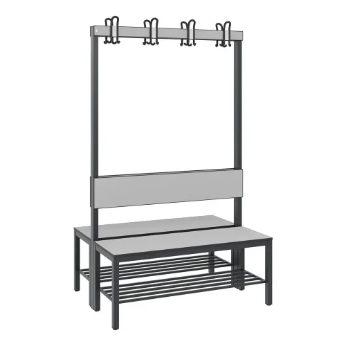 C + P, Garderobenbank Basic Plus, 2-seitig, Rückenlehne, mit Schuhrost, Fussgestell schwarzgrau RAL 7021, B 1000 mm, Dekor weiss