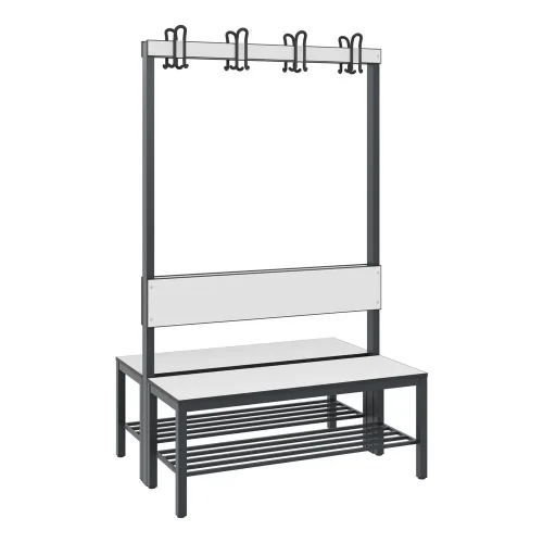 C+P Umkleidesitzbank Basic Plus, Länge 1.000 mm, doppelseitig, mit Rückenlehne, 2x4 Doppelhaken, inkl. Schuhrost, schwarzgrau/weiss