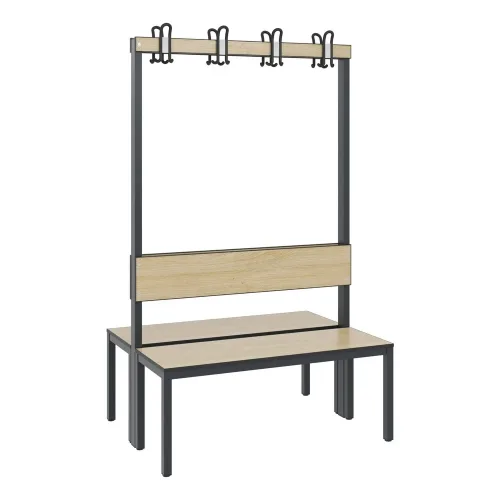 C + P, Garderobenbank Basic Plus, 2-seitig, Rückenlehne, ohne Schuhrost, Fussgestell schwarzgrau RAL 7021, B 1000 mm, Dekor Eiche Ser.