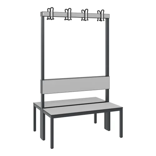 C + P, Garderobenbank Basic Plus, 2-seitig, Rückenlehne, ohne Schuhrost, Fussgestell schwarzgrau RAL 7021, B 1000 mm, Dekor silbergrau