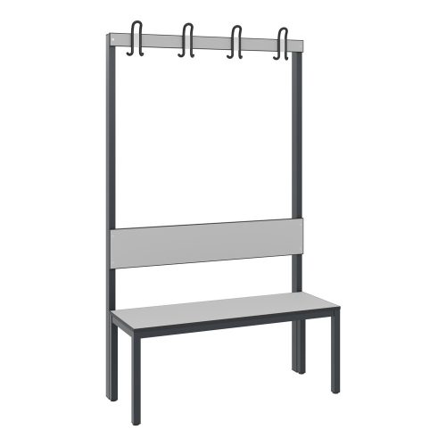 C+P Umkleidesitzbank Basic Plus, Länge 1.000 mm, einseitig, mit Rückenlehne, 4 Doppelhaken, schwarzgrau/silbergrau