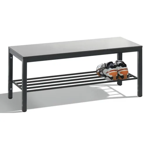 C + P, Umkleidebank Basic Plus, für Feuchträume, ohne Rückenlehne, 4-Fussgestell schwarzgrau RAL 7021, mit Schuhrost, B 1000 mm, Dekor silbergrau