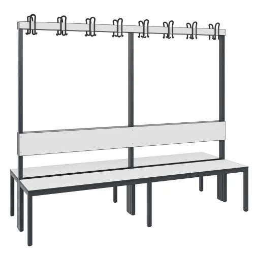 C+P Umkleidesitzbank Basic Plus, Länge 1.960 mm, doppelseitig, mit Rückenlehne, 2x8 Doppelhaken, schwarzgrau/weiss