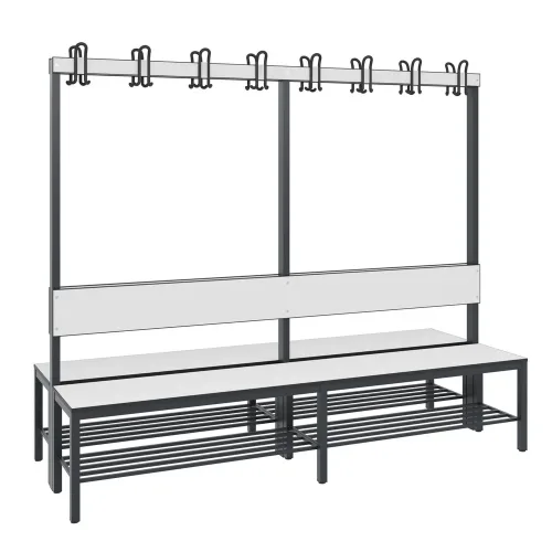 C + P, Garderobenbank Basic Plus, 2-seitig, Rückenlehne, mit Schuhrost, Fussgestell schwarzgrau RAL 7021, B 1960 mm, Dekor weiss