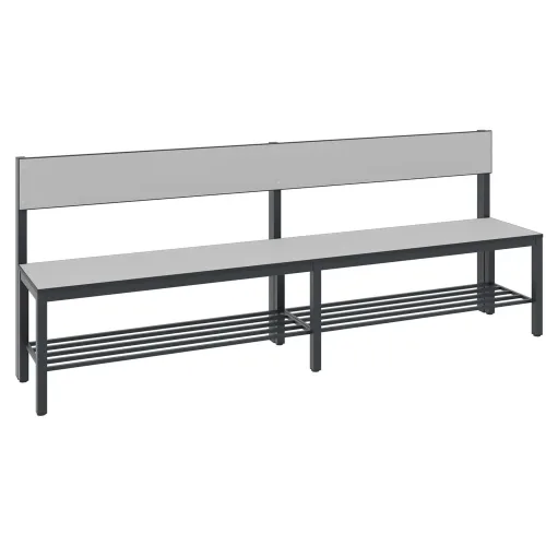 C + P, Sitzbank Basic Plus, 1-seitig, Rückenlehne, mit Schuhrost, 4-Fussgestell schwarzgrau RAL 7021, B 1960 mm, Dekor silbergrau