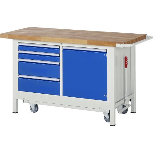 RAU, Werkbank Serie 8470, absenkbar, fahrbar, 4 Schubladen und Fachboden, B 1500 x T 700 x H 880 mm
