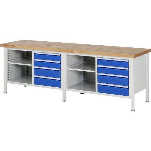 RAU Werkbank Serie 8000, 2 Doppel-Container, 2 Fachböden, HxBxT 840 x 2.500 x 700 mm, 8 x 90%-Auszug-Schubladen