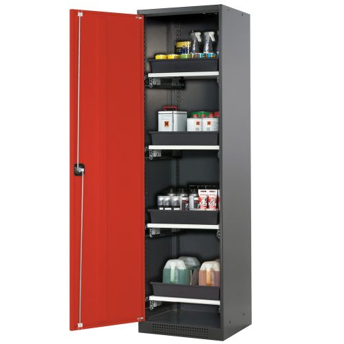 asecos® Chemikalienschrank CS-CLASSIC, mit 4 Tablarauszügen und PP-Wanne, HxBxT 1.950 x 545 x 520 mm, verkehrsrot