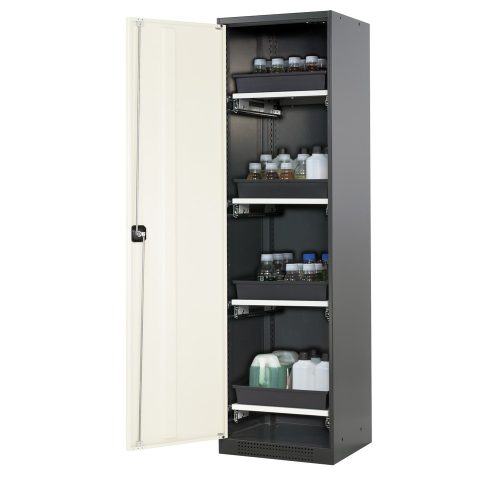 asecos® Chemikalienschrank CS-CLASSIC, mit 4 Tablarauszügen und PP-Wanne, HxBxT 1.950 x 545 x 520 mm, reinweiss