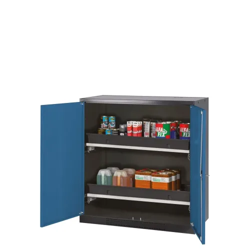 asecos®, Chemikalienschrank, Flügeltür, 2 Auszugswannen, 1055x520x1105 mm, enzianblau