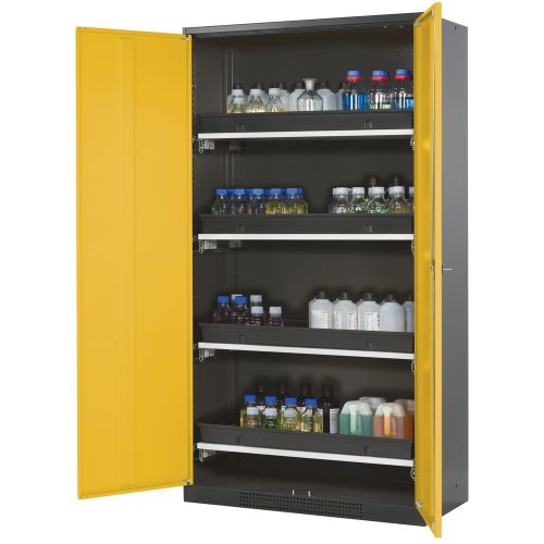 asecos® Chemikalienschrank CS-CLASSIC, mit 4 Tablarauszügen und PP-Wanne, HxBxT 1.950 x 1.055 x 520 mm, goldgelb
