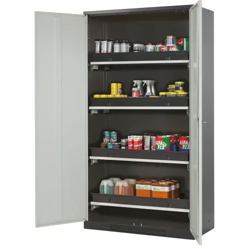 asecos®, Chemikalienschrank, Flügeltür, 4 Auszugswannen, 1055x520x1950 mm, lichtgrau