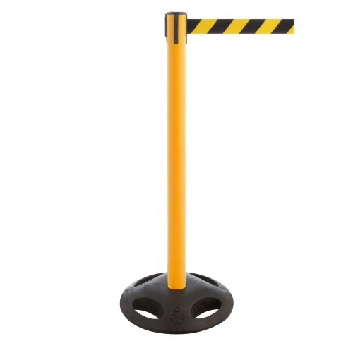 RS-GUIDESYSTEMS® Gurt-Absperrpfosten, Bodenteller aus Verbundwerkstoff, Gurtbreite 50 mm, gelb, schwarz / gelb diagonal gestreift