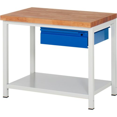 RAU Werkbank Serie 8000, Buche-Massiv-Arbeitsplatte, Stärke 40 mm, HxBxT 840 x 1.000 x 700 mm, 1 Schublade, 1 Ablageboden Tiefe 650 mm