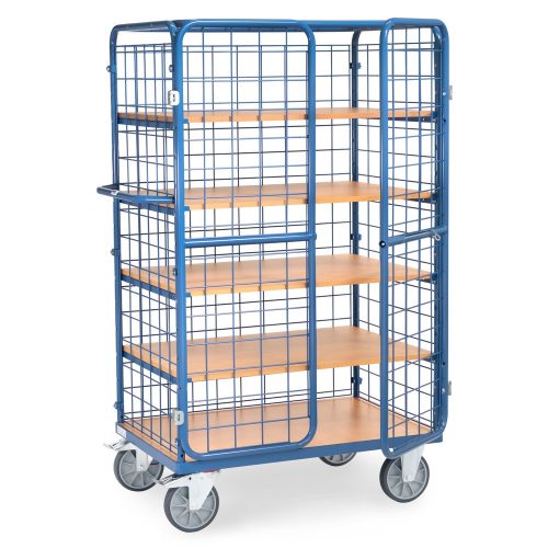 fetra® Schrankwagen, TK 600 kg, Gitterwände, mit Doppelflügeltür, 5 Etagen à 1.000 x 700 mm