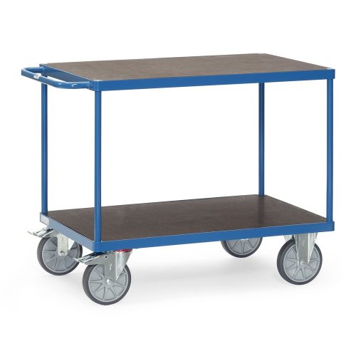 fetra® Schwerer Tisch- und Montagewagen, rutschsichere Ladefläche, 2 Etagen à 600 x 1.000 mm, brillantblau