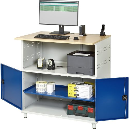 RAU, PC-Tisch, mit durchgehendem Fachboden, lichtgrau RAL 7035 / enzianblau RAL 5010 RAU