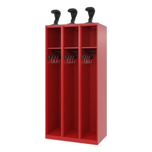 C + P, C+P Feuerwehrspind Evolo, Modell EXPERT, 3 Abteile, B 900 x T 500 x H 1850 mm, Bodengleiter, Helmhalter, feuerrot RAL 3000