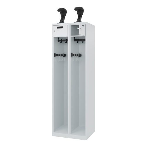 C + P, Feuerwehrspind C+P Evolo PRAKTUS, 2 Abteile, Helmhalter, mit Sockel, Bodengleiter, B 600 x T 500 x H 1850 mm, RAL 7035 Lichtgrau