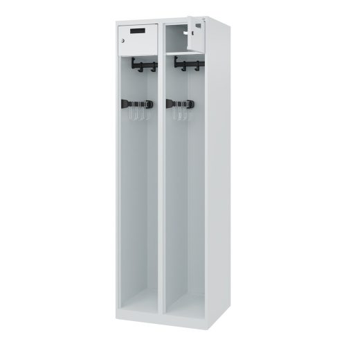 C + P, Feuerwehrspind C+P Evolo PRAKTUS, 2 Abteile, mit Sockel, Bodengleiter, B 600 x T 500 x H 1850 mm, RAL 7035 Lichtgrau
