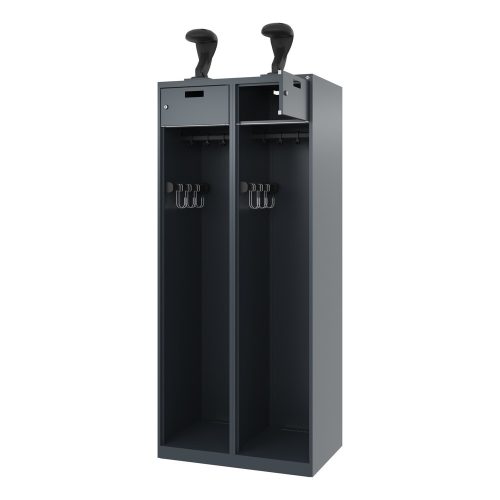 C + P, Feuerwehrspind C+P Evolo PRAKTUS, 2 Abteile, Helmhalter, mit Sockel, Bodengleiter, B 800 x T 500 x H 1850 mm, RAL 7016 Anthrazitgrau