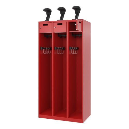 C + P, Feuerwehrspind C+P Evolo PRAKTUS, 3 Abteile, Helmhalter, mit Sockel, Bodengleiter, B 900 x T 500 x H 1850 mm, RAL 3000 Feuerrot