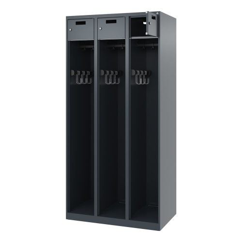 C + P, Feuerwehrspind C+P Evolo PRAKTUS, 3 Abteile, mit Sockel, Bodengleiter, B 900 x T 500 x H 1850 mm, RAL 7016 Anthrazitgrau