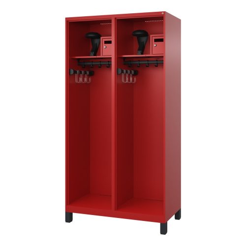 C + P, Feuerwehrspind C+P Evolo Flexo, 2 Abteile, Helmhalter, mit Füssen, B 1000 x T 500 x H 1950 mm, RAL 3000 Feuerrot/RAL 7021 Schwarzgrau