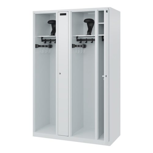 C + P, Feuerwehrspind C+P Evolo Kombi, 4 Abteile für 2 Personen, mit Helmhalter, Bodengleiter, B 1200 x T 500 x H 1850 mm, RAL 7035 Lichtgrau