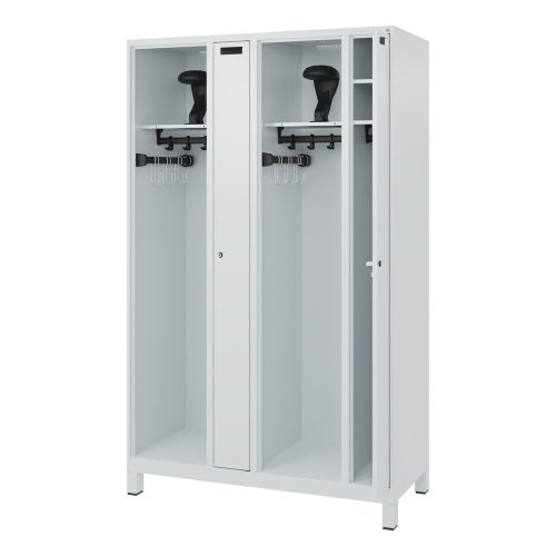 C + P, Feuerwehrspind C+P Evolo Kombi, 4 Abteile für 2 Personen, mit Helmhalter, Füsse, B 1200 x T 500 x H 1950 mm, RAL 7035 Lichtgrau