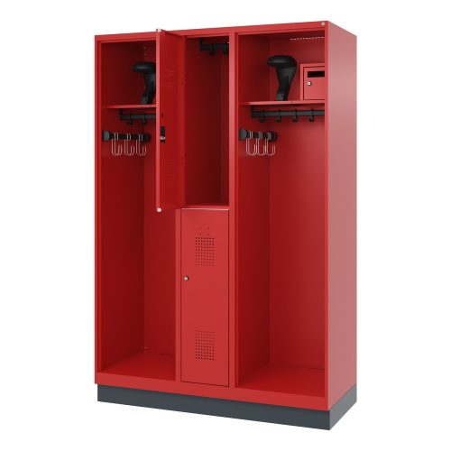 C + P, Feuerwehrspind C+P Evolo Maxi, 4 Abteile für 2 Personen, mit Helmhalter, mit Sockel, B 1300 x T 500 x H 1950 mm, RAL 3000 Feuerrot/RAL 7016 Anthrazitgrau