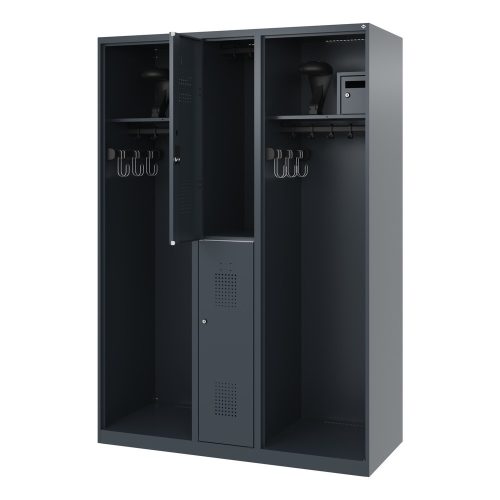 C + P, Feuerwehrspind C+P Evolo Maxi, 4 Abteile für 2 Personen, mit Helmhalter, Bodengleiter, B 1300 x T 500 x H 1850 mm, RAL 7016 Anthrazitgrau