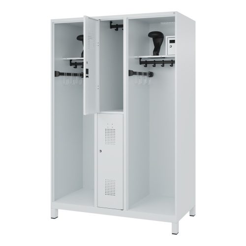 C + P, Feuerwehrspind C+P Evolo Maxi, 4 Abteile für 2 Personen, mit Helmhalter, mit Füssen, B 1300 x T 600 x H 1950 mm, RAL 7035 Lichtgrau
