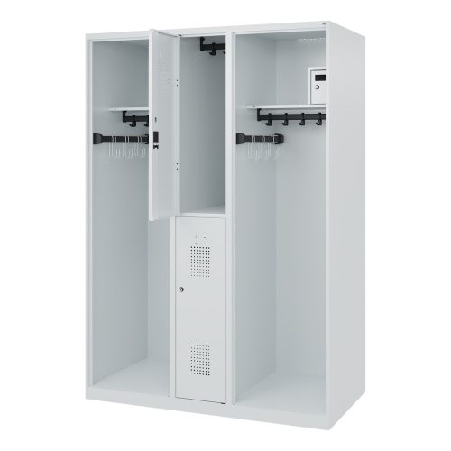 C + P, Feuerwehrspind C+P Evolo Maxi, 4 Abteile für 2 Personen, ohne Helmhalter, Bodengleiter, B 1300 x T 600 x H 1850 mm, RAL 7035 Lichtgrau