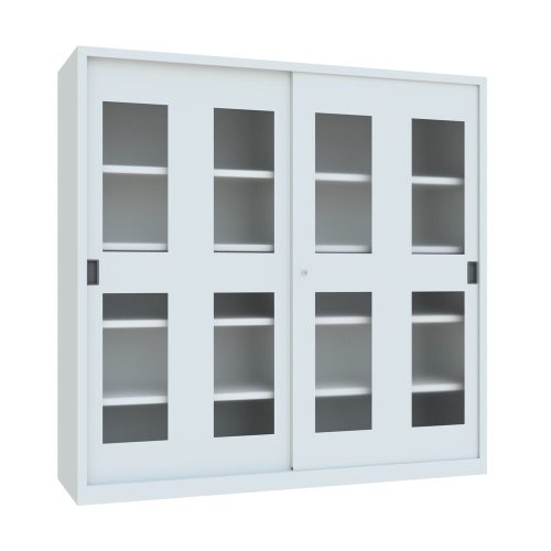 PAVOY Schiebetürenschrank mit Sichtfenstern, 8 Fachböden + Trennwand, HxBxT 1.950 x 2.000 x 600 mm, lichtgrau, lichtgrau
