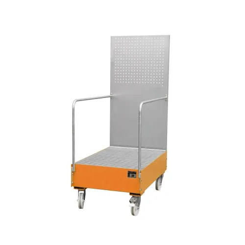 undefined, Fahrbare Auffangwanne mit Lochplattenwand, aus Stahl, Kapazität 2 x 200-Liter Fässer, orange lackiert