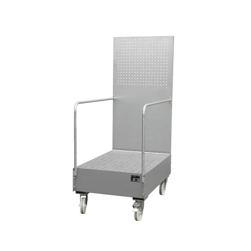 undefined, Fahrbare Auffangwanne mit Lochplattenwand, aus Stahl, Kapazität 2 x 200-Liter Fässer, grau lackiert