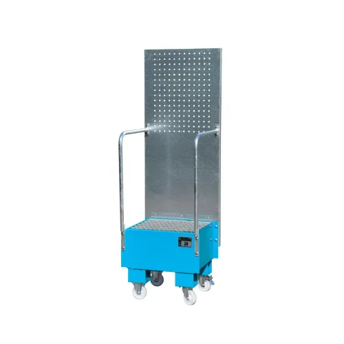 Bauer, Fahrbare Auffangwanne mit Lochplattenwand, aus Stahl, Kapazität 1 x 60-Liter Fass, blau
