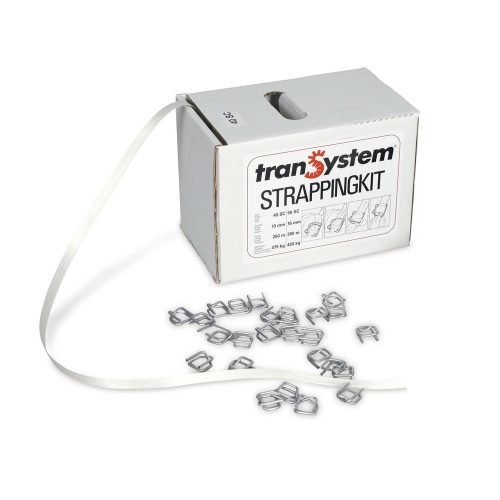 Umreifungsband-Set aus PET, verleimt, 13 mm x 250 lfm., inkl. Metallschnallen, weiss