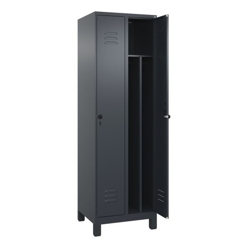 C+P, Schwarz-Weiß-Spind Classic PLUS, schmal, 2 Abteile, verkürzte Trennwand mittig, grau, B 600 mm, mit Füßen, Drehriegel, Trennwand mittig C+P