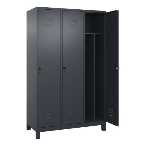 C+P, Schwarz-Weiß-Spind Classic PLUS, schmal, 3 Abteile, verkürzte Trennwand mittig, grau, B 1200 mm, mit Füßen, Drehriegel, Trennwand mittig C+P