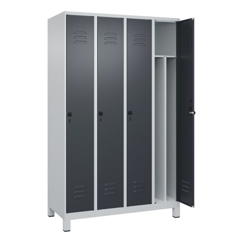 C+P Spind Classic PLUS, Füsse, 4 Abteile, HxBxT 1.950 x 1.200 x 500 mm, lichtgrau, anthrazitgrau, für Vorhängeschloss, mit Mitteltrennwand