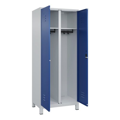 C+P Schwarz-Weiss-Spind Classic PLUS, Füsse, 2 Abteile, HxBxT 1.950 x 800 x 500 mm, lichtgrau, enzianblau, Zylinderschloss